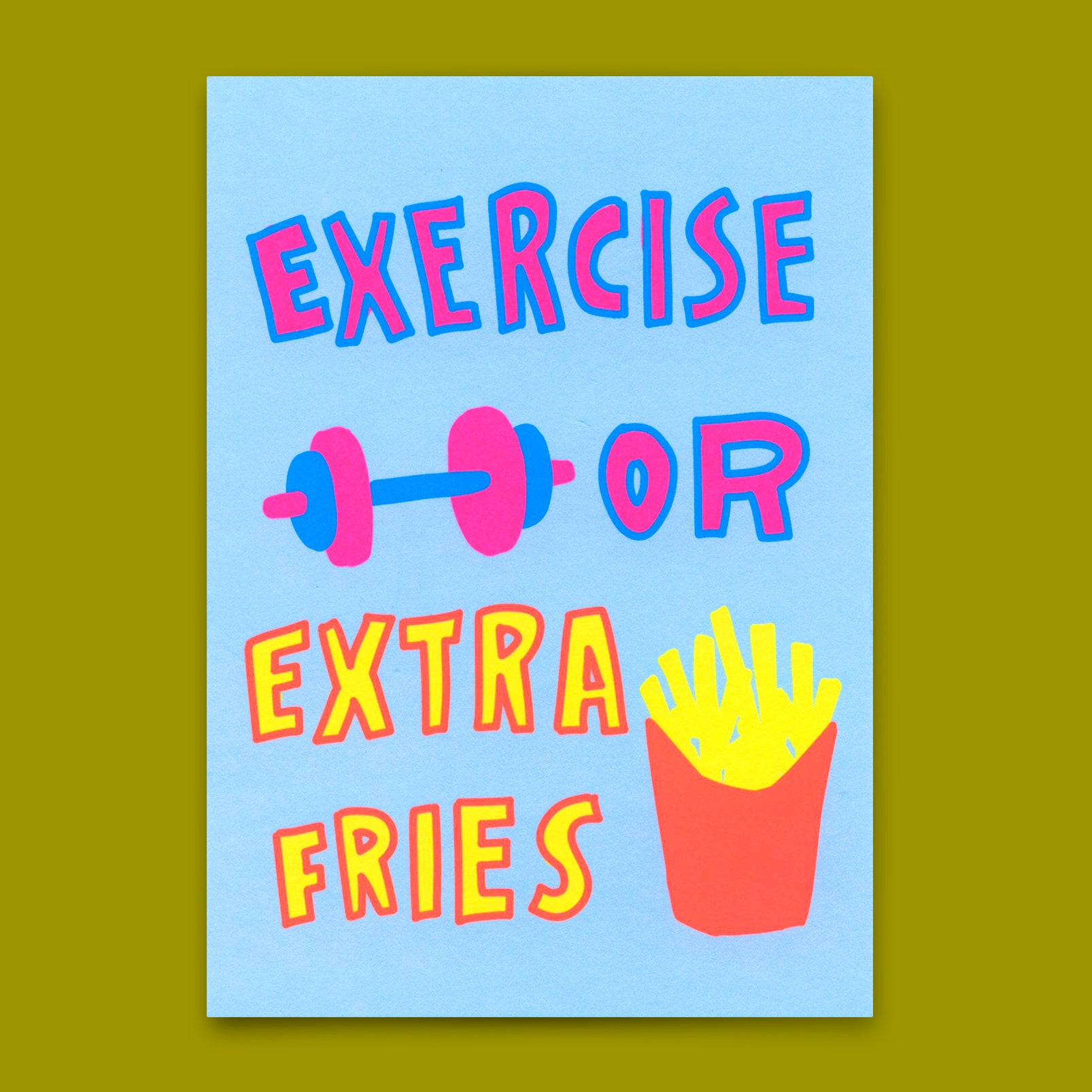 Postcard "Exercise or extra fries" | Funny card with saying